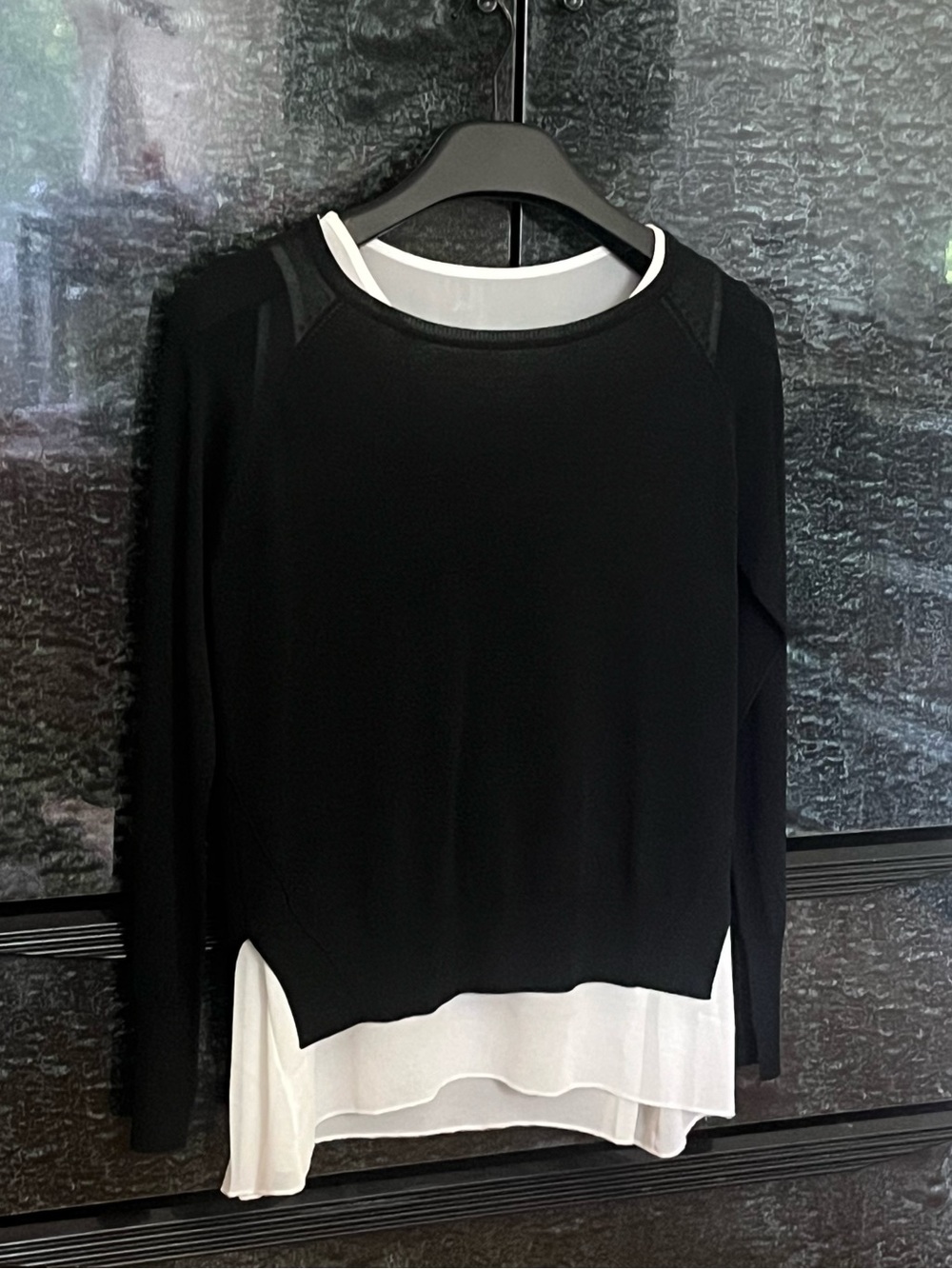 NWOT Women's Black Layered Long-Sleeve Top with White Hem